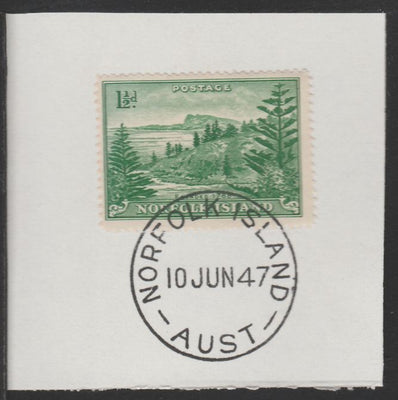 Norfolk Island 1947 Ball Bay 1.5d (SG 3) on piece with full strike of Madame Joseph forged postmark type 306