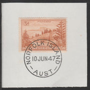 Norfolk Island 1947 Ball Bay 3d (SG 6) on piece with full strike of Madame Joseph forged postmark type 306