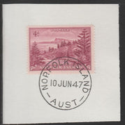 Norfolk Island 1947 Ball Bay 4d (SG 7) on piece with full strike of Madame Joseph forged postmark type 306