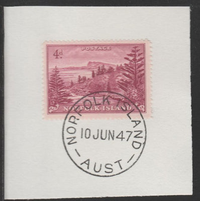 Norfolk Island 1947 Ball Bay 4d (SG 7) on piece with full strike of Madame Joseph forged postmark type 306