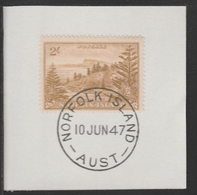 Norfolk Island 1947 Ball Bay 2s (SG 12) on piece with full strike of Madame Joseph forged postmark type 306