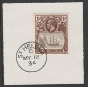 St Helena 1922-37 KG5 Badge Issue 1s (SG106) on piece with full strike of Madame Joseph forged postmark type 340