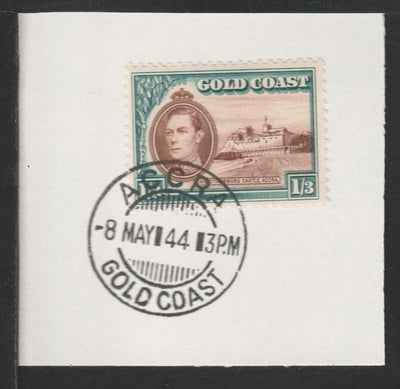 Gold Coast 1938-43 KG6 Christiansborg Castle 1s3d (SG129) on piece with full strike of Madame Joseph forged postmark type 198