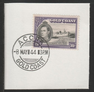 Gold Coast 1938-43 KG6 Christiansborg Castle 10s (SG132) on piece with full strike of Madame Joseph forged postmark type 198