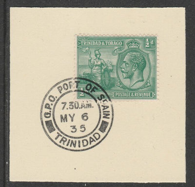 Trinidad & Tobago 1922-28 KG5,& Britannia 1/2d (SG218) on piece with full strike of Madame Joseph forged postmark type 421