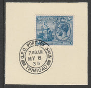 Trinidad & Tobago 1922-28 KG5,& Britannia 3d (SG223) on piece with full strike of Madame Joseph forged postmark type 421