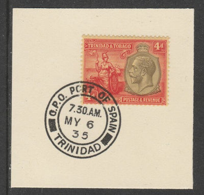 Trinidad & Tobago 1922-28 KG5,& Britannia 4d MCA (SG216) on piece with full strike of Madame Joseph forged postmark type 421