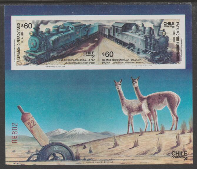 Chile 1988 Railway Anniversaries impdrf m/sheet containing 2 values unmounted mint, SG MS1163