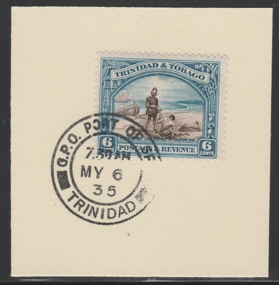 Trinidad & Tobago 1935-37 KG5,Pictorial 6c (SG233) on piece with full strike of Madame Joseph forged postmark type 421