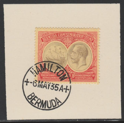 Bermuda 1920-21 KG5 Tercentenary (1st issue) 4d (SG 63) on piece with full strike of Madame Joseph forged cancellation type 61