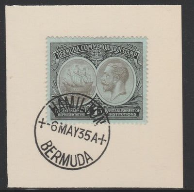 Bermuda 1920-21 KG5 Tercentenary (1st issue) 1s (SG 64) on piece with full strike of Madame Joseph forged cancellation type 61