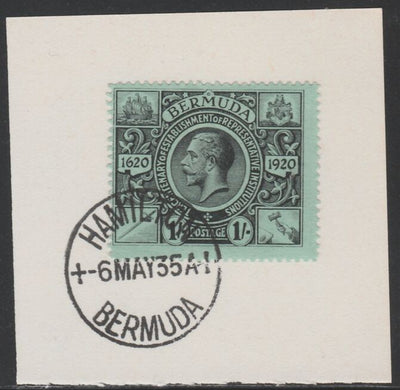 Bermuda 1921 KG5 Tercentenary (2nd issue) 1s (SG 73) on piece with full strike of Madame Joseph forged cancellation type 61