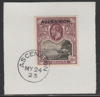 Ascension 1922 KG5 Overprint on 8d black & purple SG 6 on piece with full strike of Madame Joseph forged postmark type 19