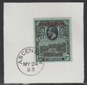 Ascension 1922 KG5 Overprint on 1s black on green SG 9 on piece with full strike of Madame Joseph forged postmark type 19