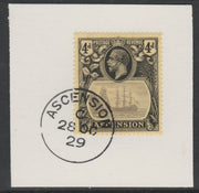 Ascension 1924-33 KG5 Badge 4d grey-black & black on yellow (SG15) on piece with full strike of Madame Joseph forged postmark type 20