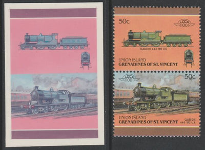 St Vincent - Union Island 1987 Locomotives #6 (Leaders of the World) 50c LSWR Class D15 se-tenant pair,die proof in magenta and cyan only (missing Country name, inscription & value) on Cromalin plastic card (ex archives) complete with issued stamp