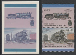 St Vincent - Union Island 1987 Locomotives #6 (Leaders of the World) $1 Erie Railroad Class H20 se-tenant pair,die proof in magenta and cyan only (missing Country name, inscription & value) on Cromalin plastic card (ex archives) c……Details Below