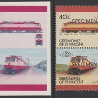 St Vincent - Grenadines 1987 Locomotives #8 (Leaders of the World) 40c DB Class 120 se-tenant imperf die proof in magenta & cyan only on Cromalin plastic card (ex archives) complete with issued SPECIMEN pair. (SG 522a). Cromalin p……Details Below