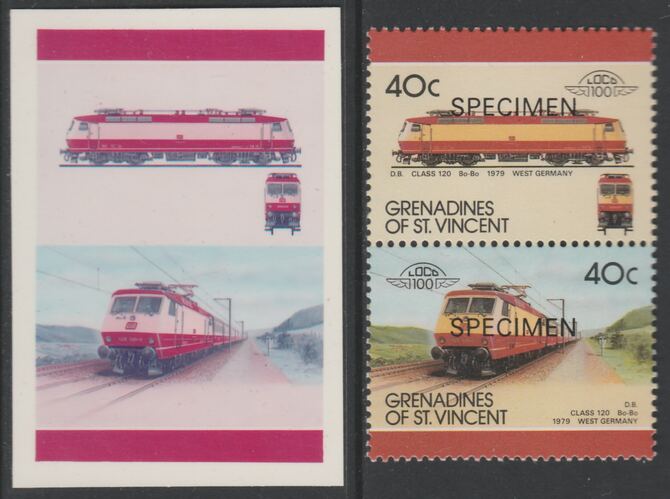 St Vincent - Grenadines 1987 Locomotives #8 (Leaders of the World) 40c DB Class 120 se-tenant imperf die proof in magenta & cyan only on Cromalin plastic card (ex archives) complete with issued SPECIMEN pair. (SG 522a). Cromalin p……Details Below