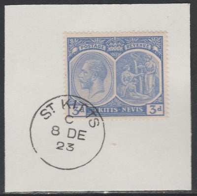 St Kitts-Nevis 1920-22 KG5 Medicinal Spring 3d ultramarine SG45 on piece with full strike of Madame Joseph forged postmark type 347