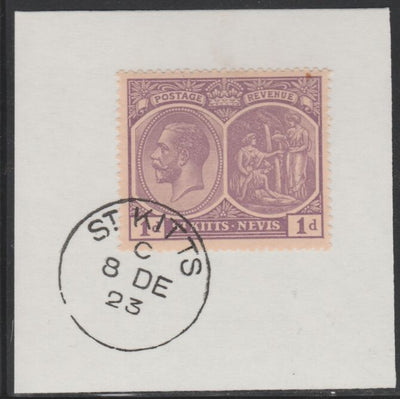 St Kitts-Nevis 1920-22 KG5 Medicinal Spring 1d deep violet SG39 on piece with full strike of Madame Joseph forged postmark type 347