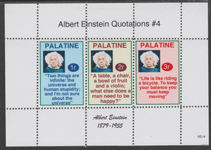 Palatine (Fantasy) Quotations by Albert Einstein #4 perf deluxe glossy sheetlet containing 3 values each with a famous quotation,unmounted mint