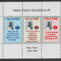 Palatine (Fantasy) Quotations by Helen Keller #1 perf deluxe glossy sheetlet containing 3 values each with a famous quotation,unmounted mint