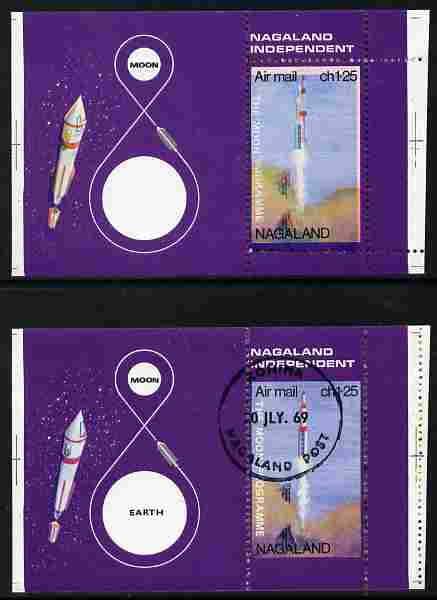 Nagaland 1969 The Moon programme 1ch25 perf proof m/sheet with 'Earth' omitted and blue shifted downward unmounted mint plus cto normal sheet