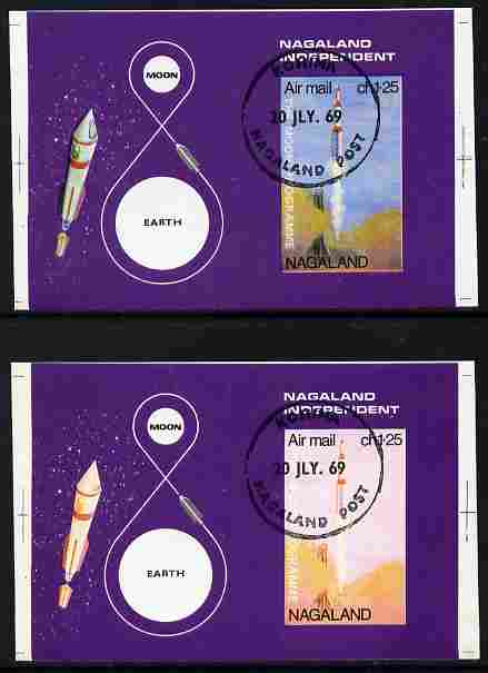 Nagaland 1969 The Moon programme 1ch25 m/sheet opt'd 'Lunar Landing Apollo 11' imperf proof with blue omitted plus normal both cto used