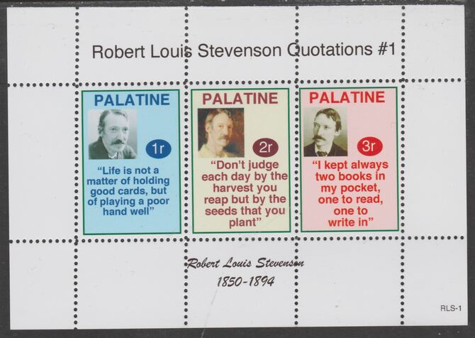 Palatine (Fantasy) Quotations by Robert Louis Stevenson #1 perf deluxe glossy sheetlet containing 3 values each with a famous quotation,unmounted mint