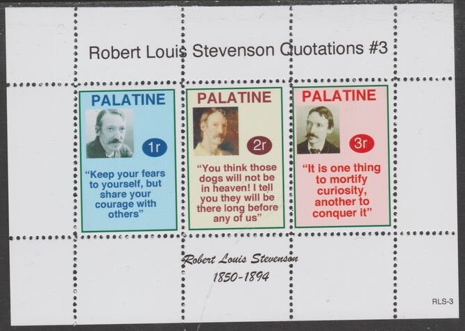 Palatine (Fantasy) Quotations by Robert Louis Stevenson #3 perf deluxe glossy sheetlet containing 3 values each with a famous quotation,unmounted mint