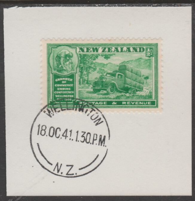 New Zealand 1936 Chamber of Commerce 1/2d green (SG593) on piece with full strike of Madame Joseph forged postmark type 287