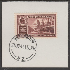 New Zealand 1936 Chamber of Commerce 6d red-brown (SG597) on piece with full strike of Madame Joseph forged postmark type 287