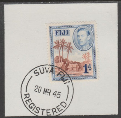 Fiji 1938-55 KG6 Pictorial 1d brown & blue on piece with full strike of Madame Joseph forged postmark type 167