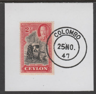 Ceylon 1935-36 KG5 Pictorial 2c Tapping Rubber on piece cancelled with full strike of Madame Joseph forged postmark type 122