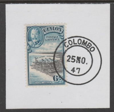 Ceylon 1935-36 KG5 Pictorial 6c Colombo Harbour on piece cancelled with full strike of Madame Joseph forged postmark type 122