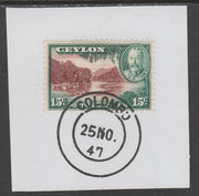 Ceylon 1935-36 KG5 Pictorial 15c River Scene on piece cancelled with full strike of Madame Joseph forged postmark type 122