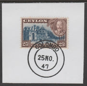 Ceylon 1935-36 KG5 Pictorial 20c Coconut Palms on piece cancelled with full strike of Madame Joseph forged postmark type 122