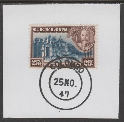 Ceylon 1935-36 KG5 Pictorial 20c Coconut Palms on piece cancelled with full strike of Madame Joseph forged postmark type 122