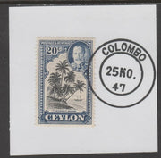 Ceylon 1935-36 KG5 Pictorial 25c Temple on piece cancelled with full strike of Madame Joseph forged postmark type 122