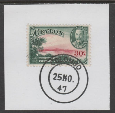 Ceylon 1935-36 KG5 Pictorial 30c Irrigation Tank on piece cancelled with full strike of Madame Joseph forged postmark type 122