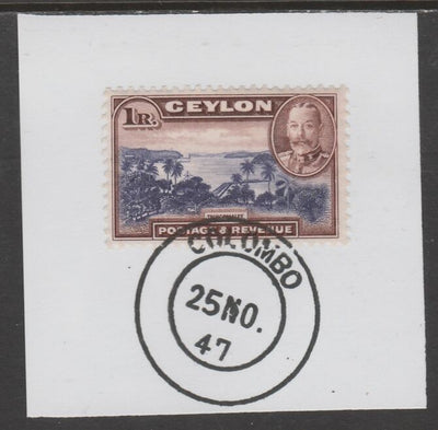 Ceylon 1935-36 KG5 Pictorial 1r Trincomalee on piece cancelled with full strike of Madame Joseph forged postmark type 122