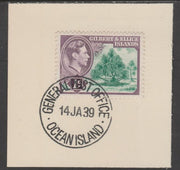 Gilbert & Ellice Islands 1939 KG6 definitive 1d Pandanus Pine Tree on piece cancelled with full strike of Madame Joseph forged postmark type 191