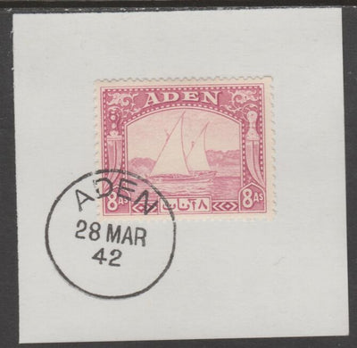 Aden 1937 Dhow 8a pale purple on piece with full strike of Madame Joseph forged postmark type 3