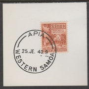 Samoa 1921 Native Hut 1.5d chestnut on piece cancelled with full strike of Madame Joseph forged postmark type 376