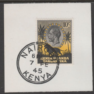 Kenya, Uganda & Tanganyika 1935 KG5 10c black & yellow on piece cancelled with full strike of Madame Joseph forged postmark type 226