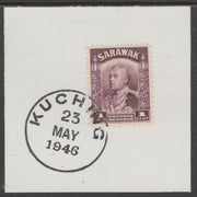 Sarawak 1934 Sir Charles Brooke 1c purple on piece cancelled with full strike of Madame Joseph forged postmark type 378