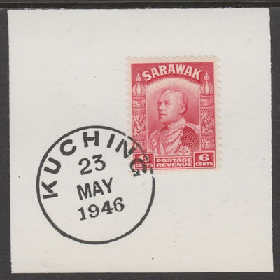 Sarawak 1934 Sir Charles Brooke 6c carmine on piece cancelled with full strike of Madame Joseph forged postmark type 378