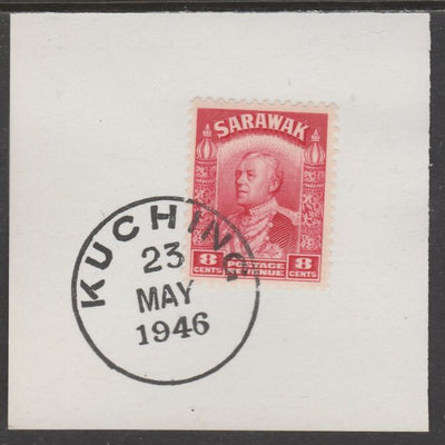 Sarawak 1934 Sir Charles Brooke 8c carmine on piece cancelled with full strike of Madame Joseph forged postmark type 378