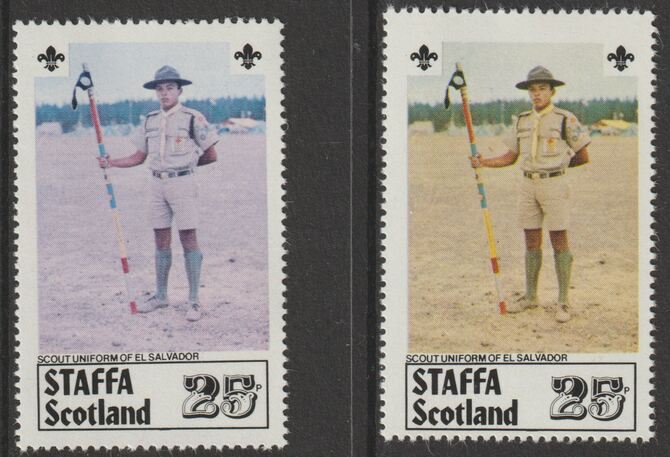 Staffa 1979 Scouts of the World - 25p El Salvador perf single showing a superb shade apparently due to a dry print of the yellow complete with normal both unmounted mint